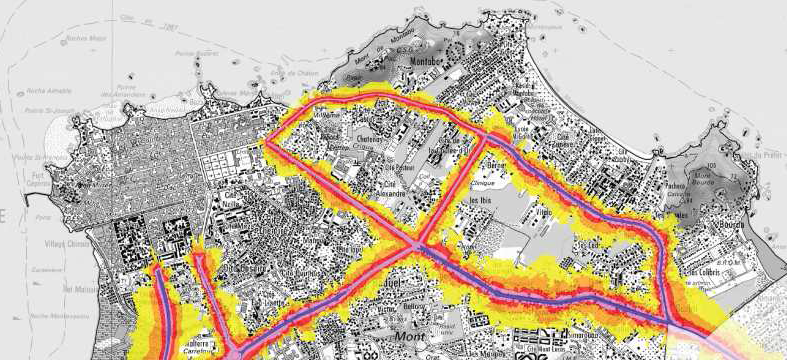 Exemple extrait de la cartographie sur l'île de Cayenne avec l’indicateur « Lden »